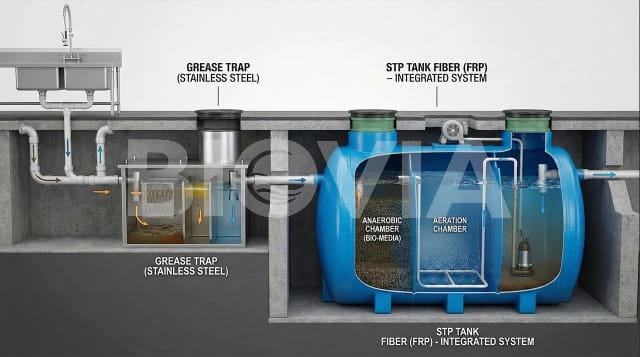 Diagram sistem BIOVIA — instalasi STP tank fiber (FRP) terintegrasi dengan grease trap stainless steel untuk dapur komersial